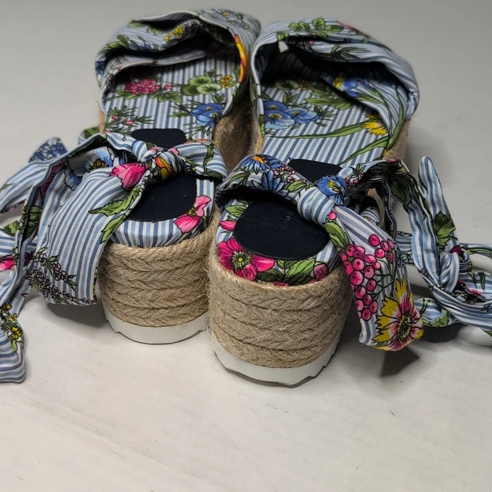 Zara Scarf Ankle Wrap Blue Floral Espadrille Sandals